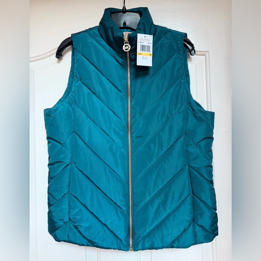 MICHAEL KORS Women's Puffer Vest Jacket NWT Green Teal Gold MEDIUM